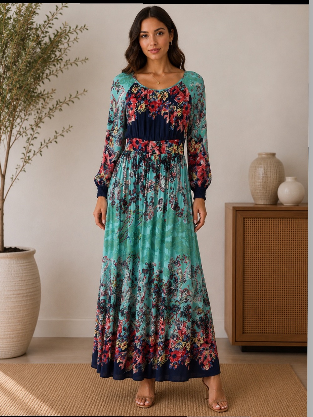 Boho Floral Maxi Dress in Teal & Navy